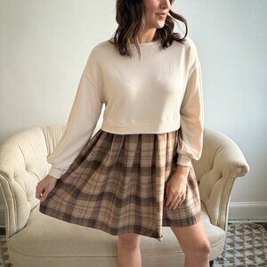 Plaid Patchwork Sweatshirt Dress- Beige
